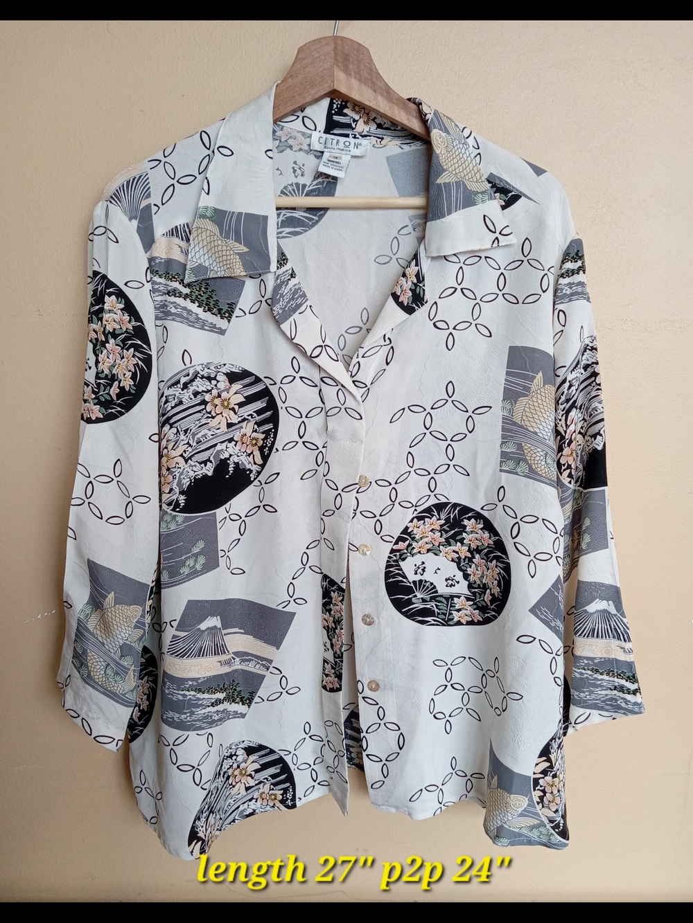 Citron White Button-Down Shirt with Black, Gray & Cream Scenic Prints